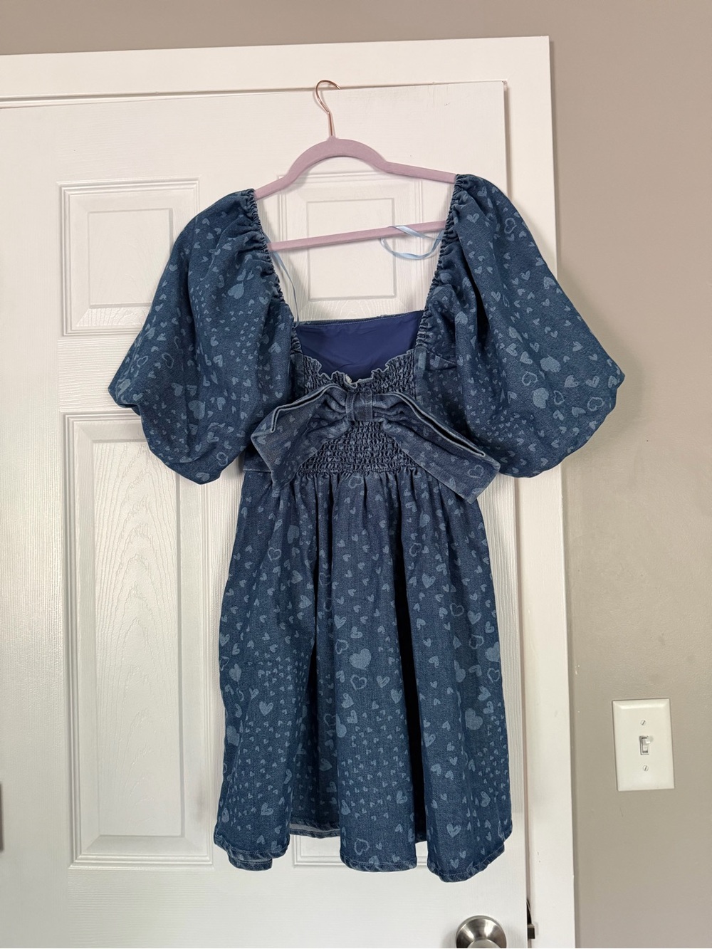 Avec Les Filles Bow Back Puff Sleeve Hearts Denim Mini Dress